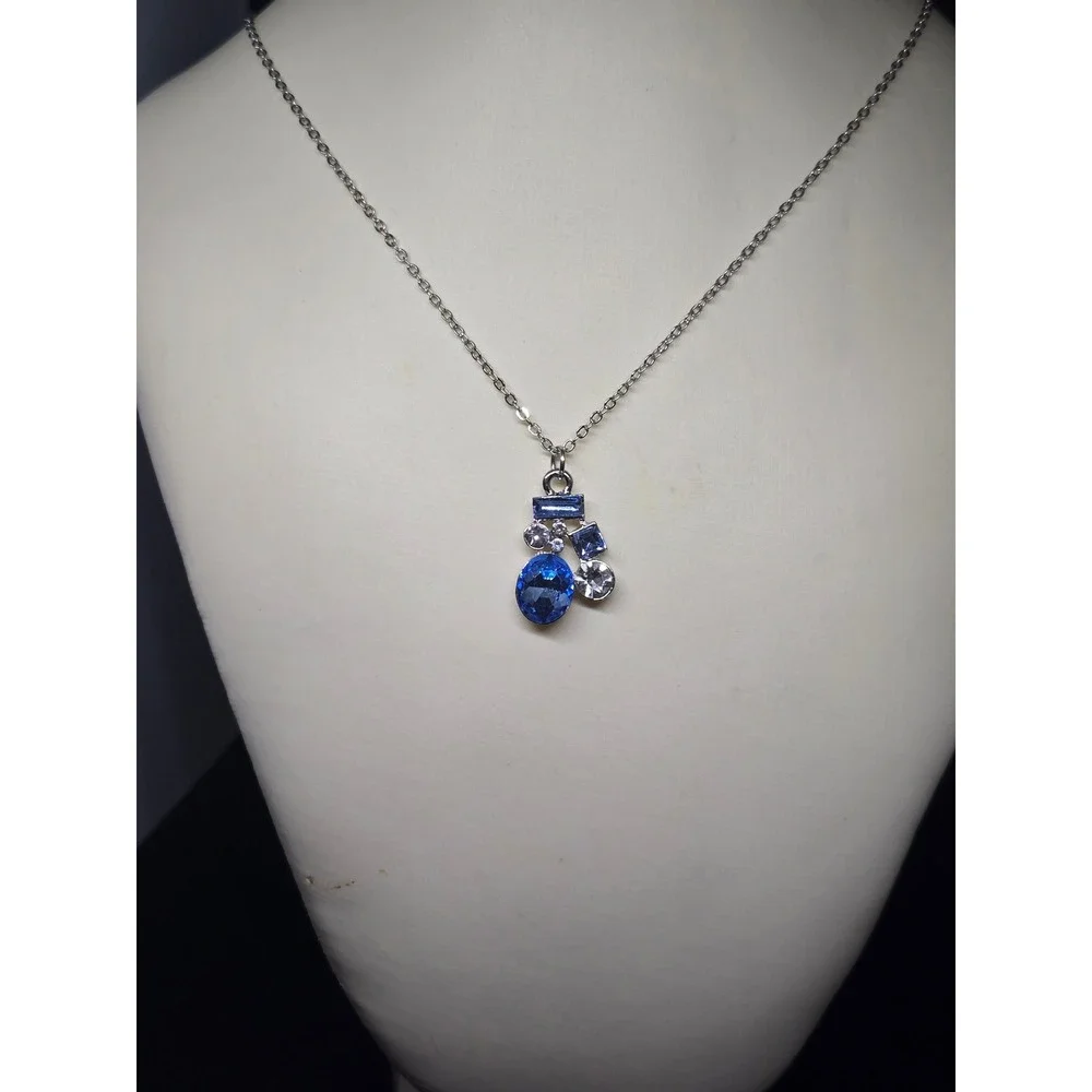 Silver Tone Blue and Clear Crystal Cluster Pendant Necklace Adjustable Chain